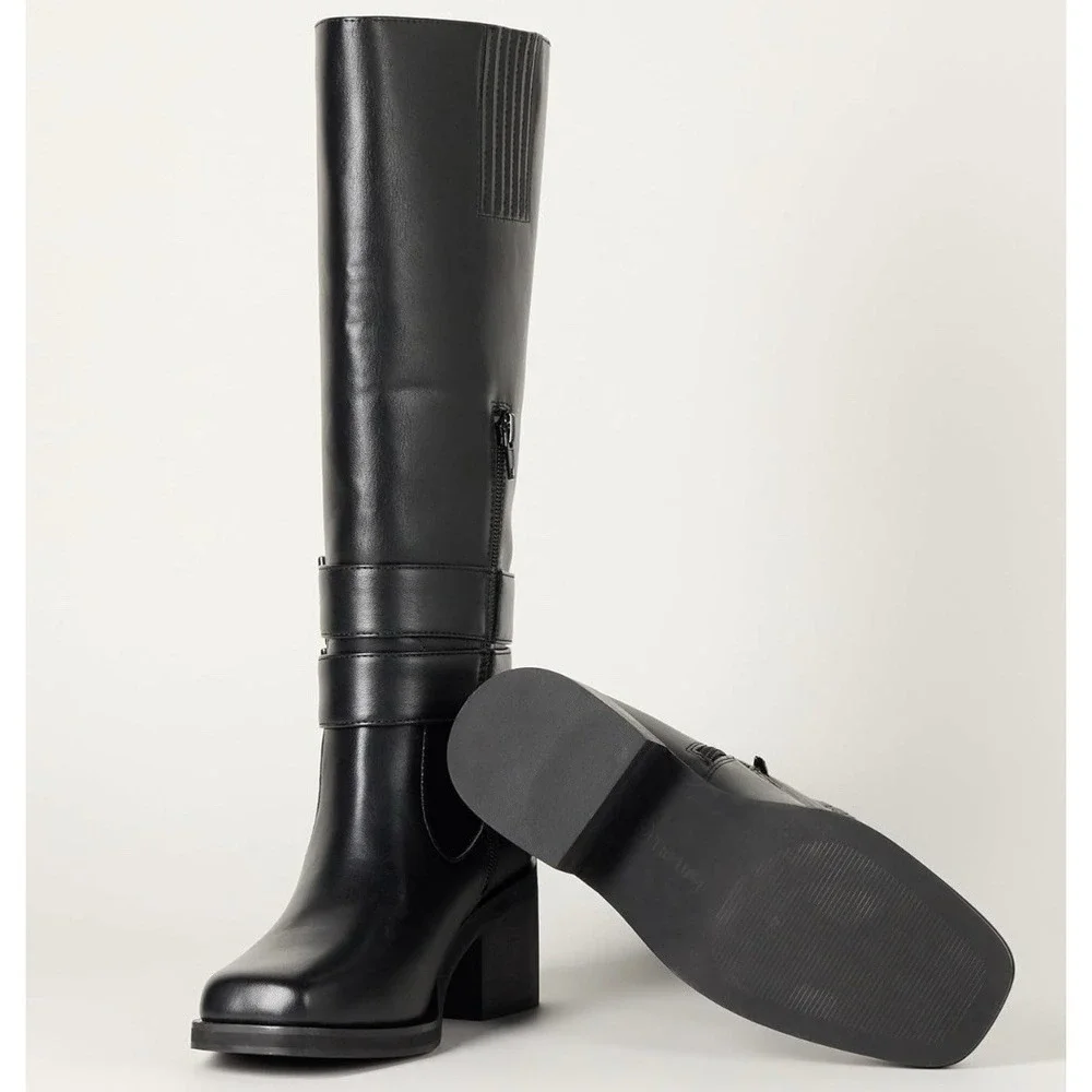 The Drop‎ Women's Biker Boot with Buckles 6.5 Black Faux Leather Side Zip